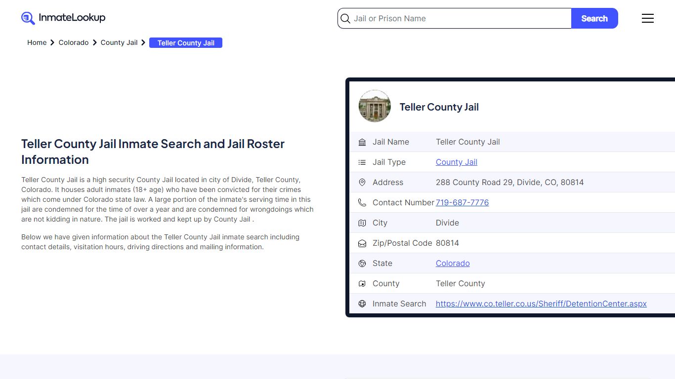 Teller County Jail Inmate Search and Jail Roster Information